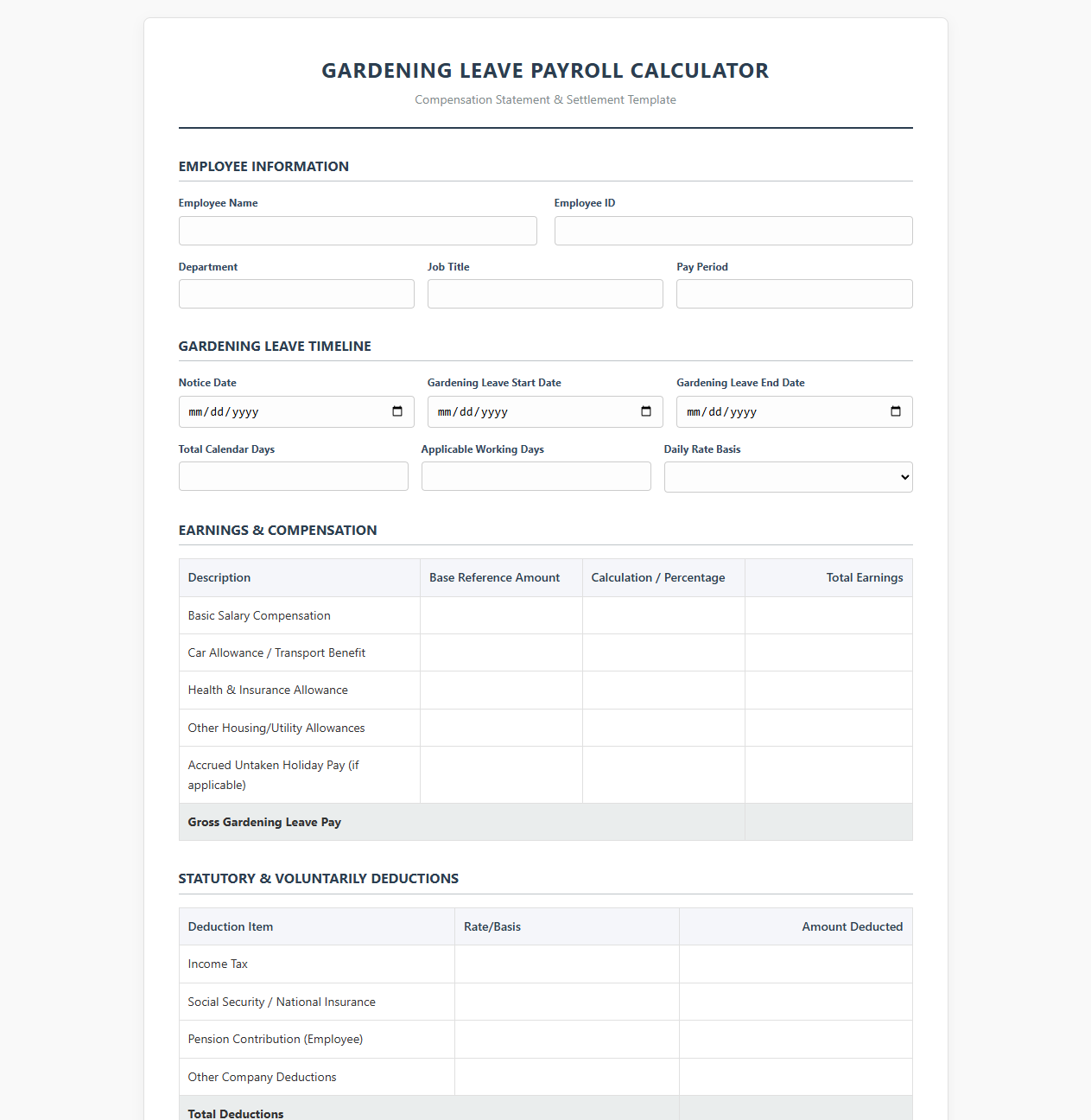 Gardening Leave Payroll Calculator Template