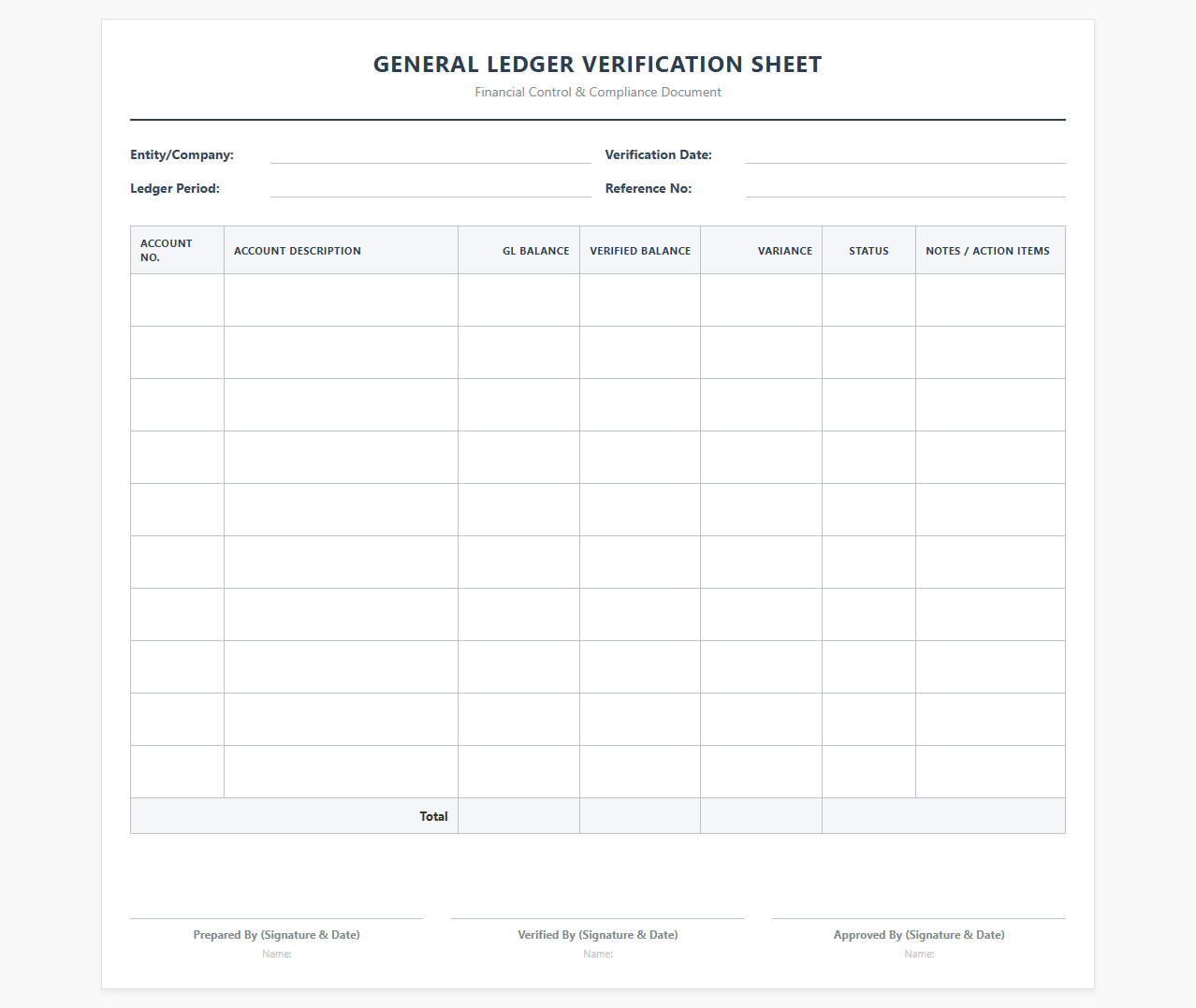 General Ledger Verification Sheet