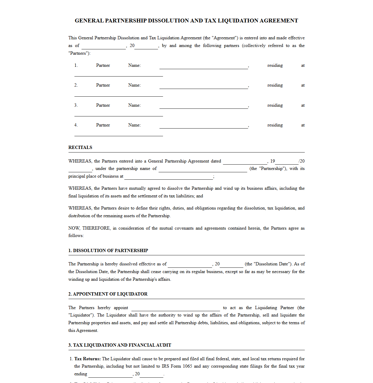 General Partnership Dissolution and Tax Liquidation Contract