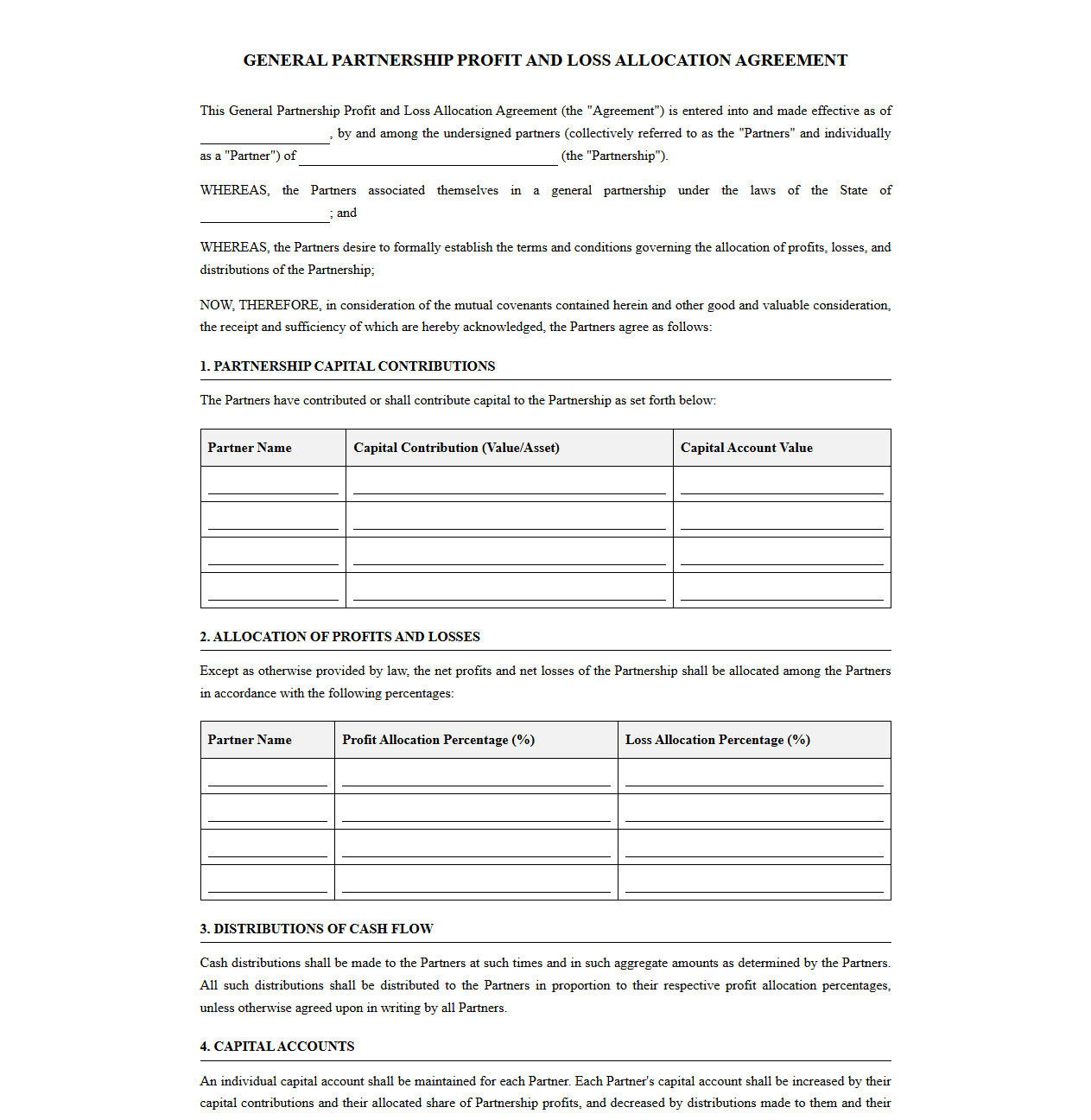 General Partnership Profit and Loss Allocation Contract