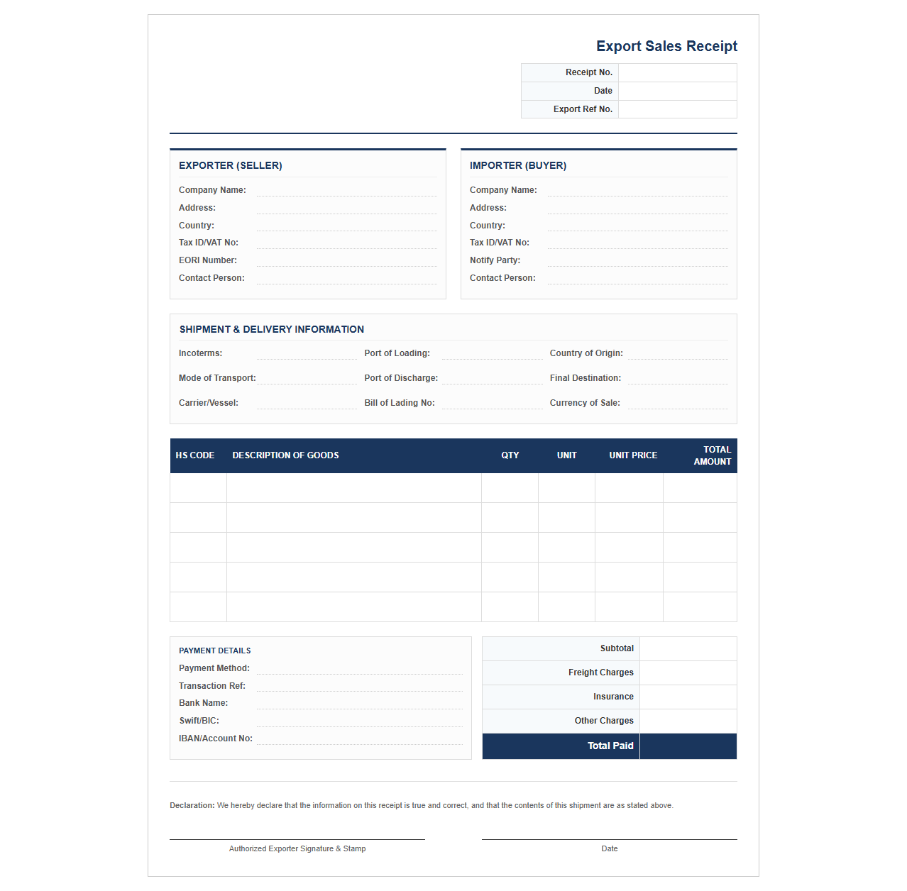 Global Commercial Export Sales Receipt