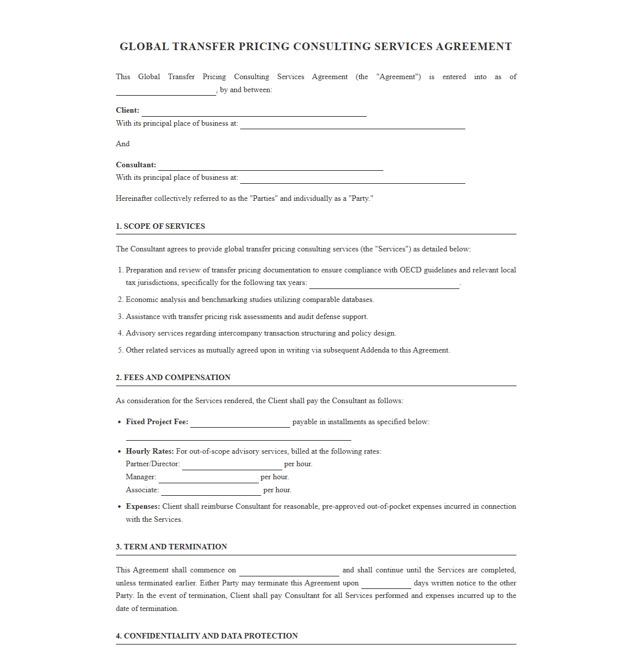 Global Transfer Pricing Consulting Services Agreement