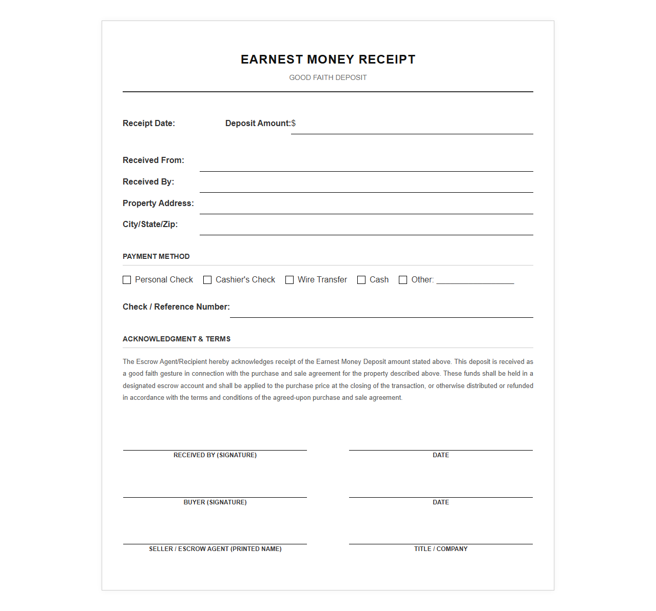 Good Faith Deposit Receipt Form