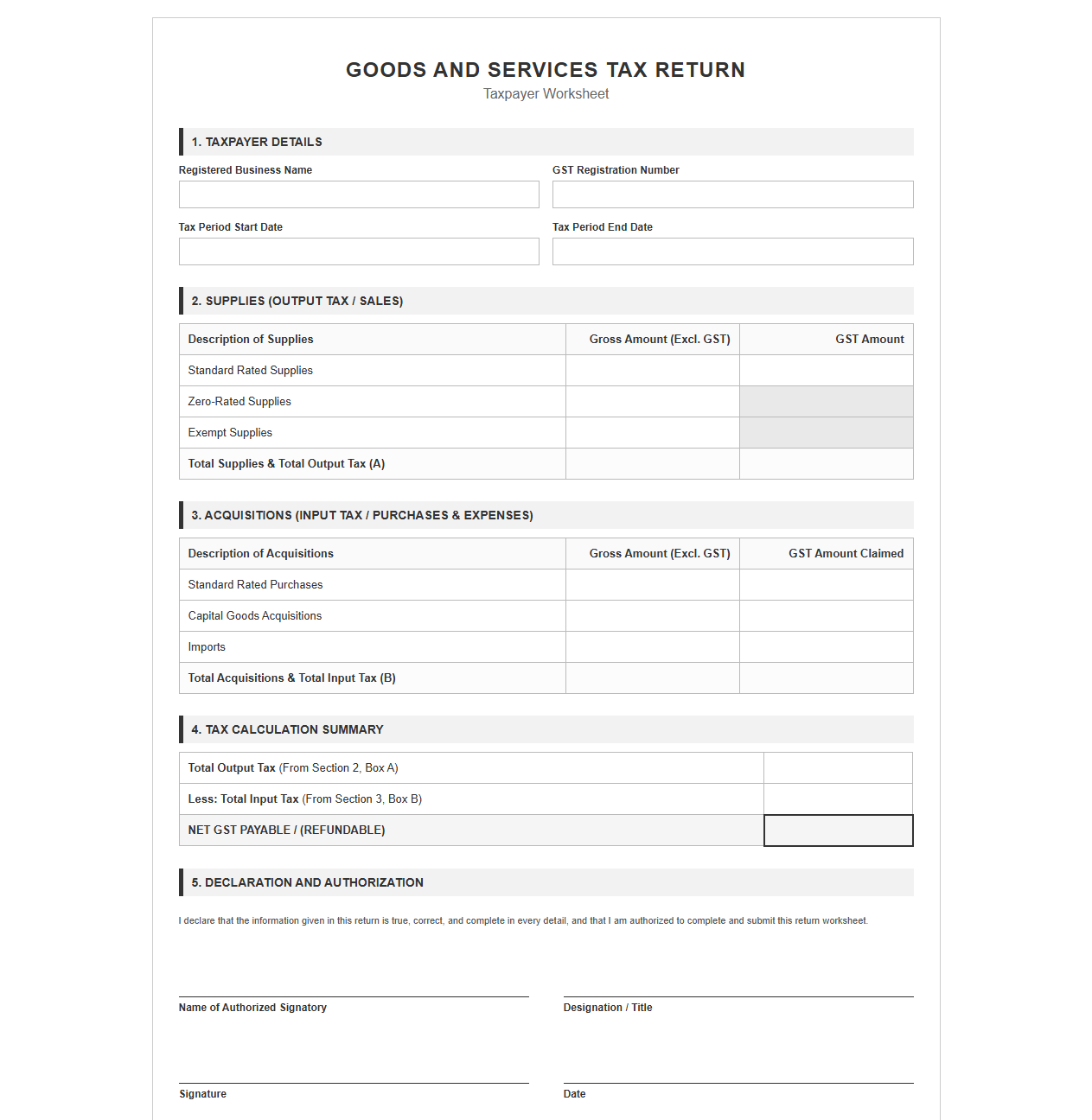Goods and Services Tax Return Worksheet