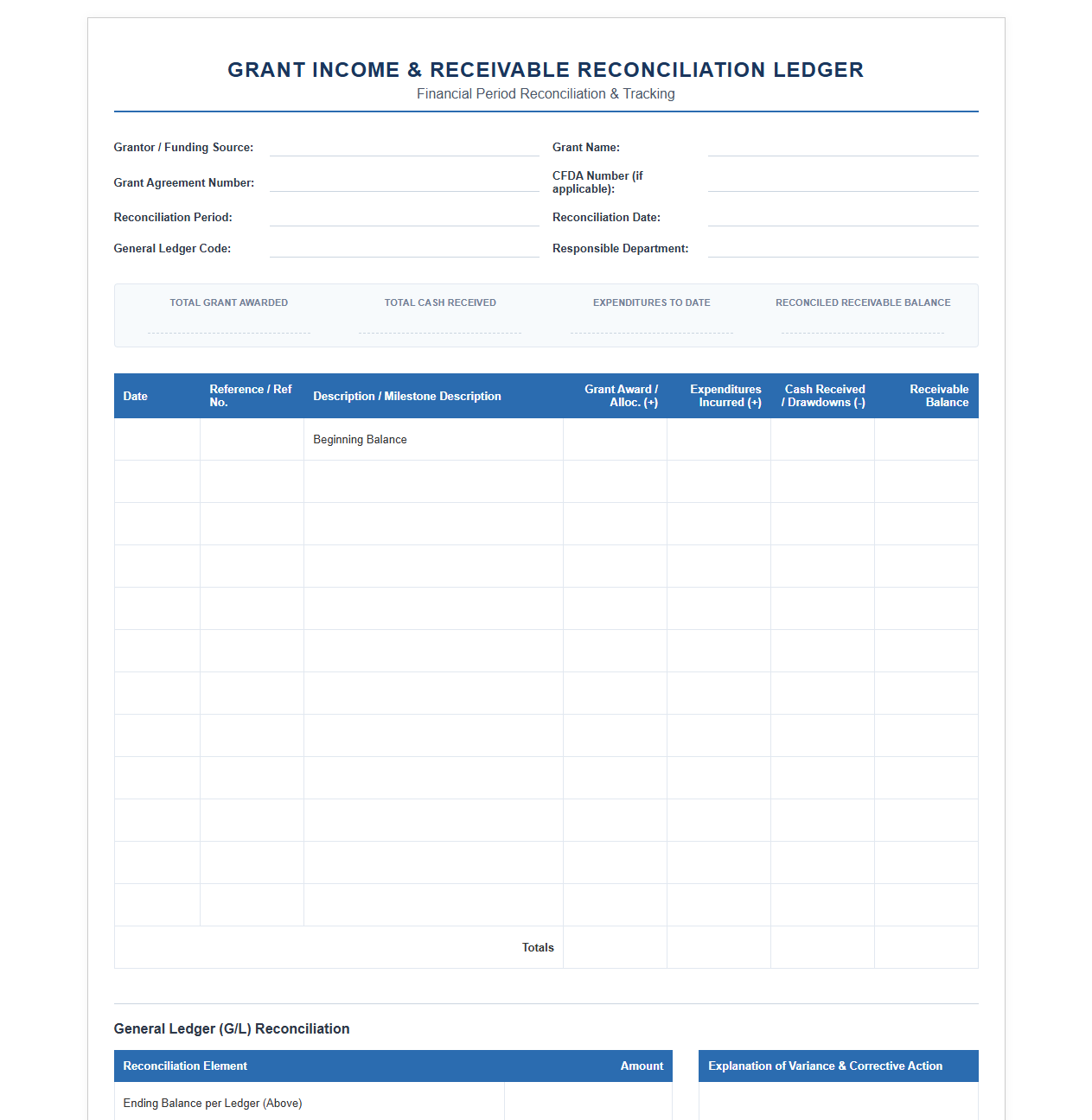 Grant Income and Receivable Reconciliation Ledger