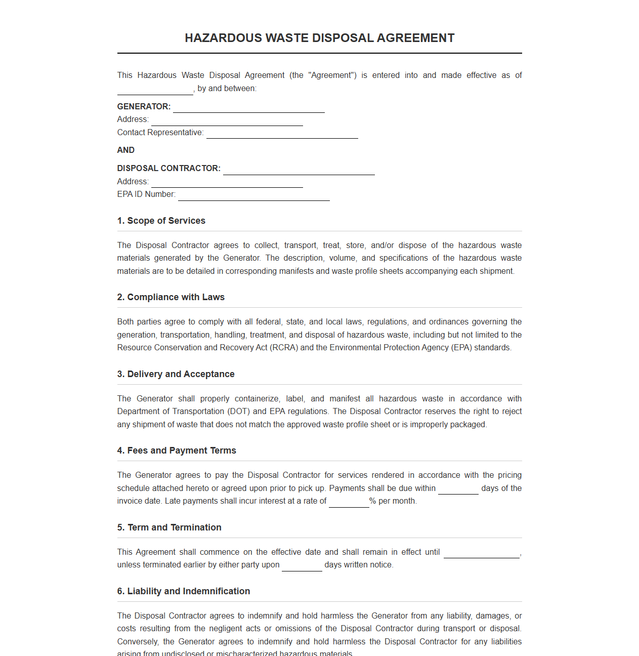 Hazardous Waste Disposal Agreement
