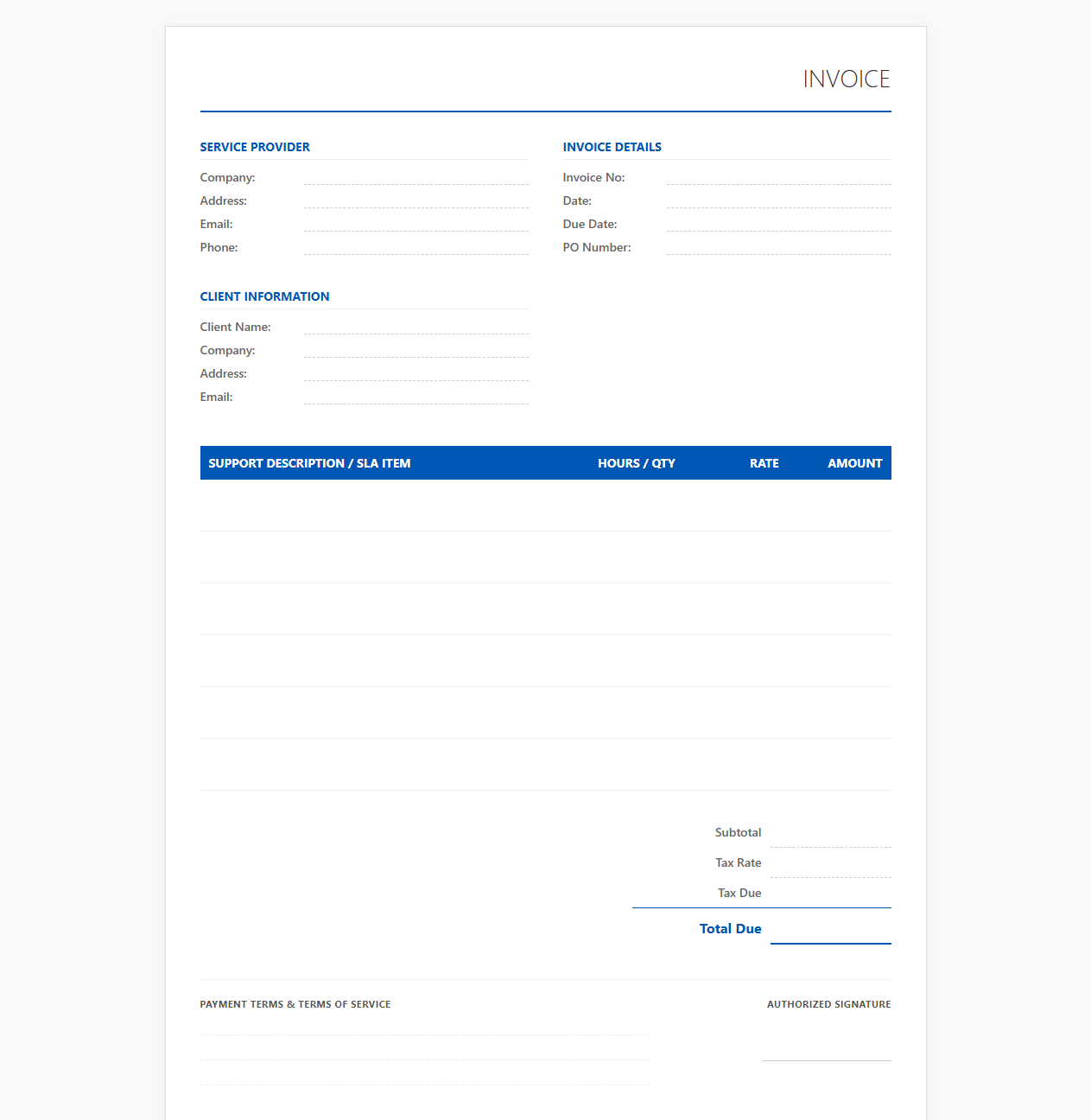 Help Desk and Customer Support Invoice