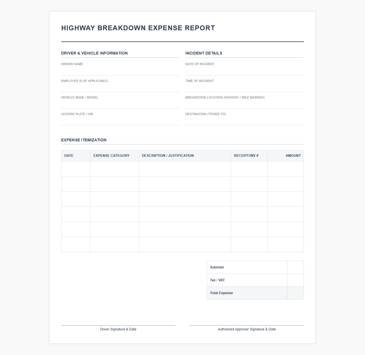 Highway Breakdown Expense Template