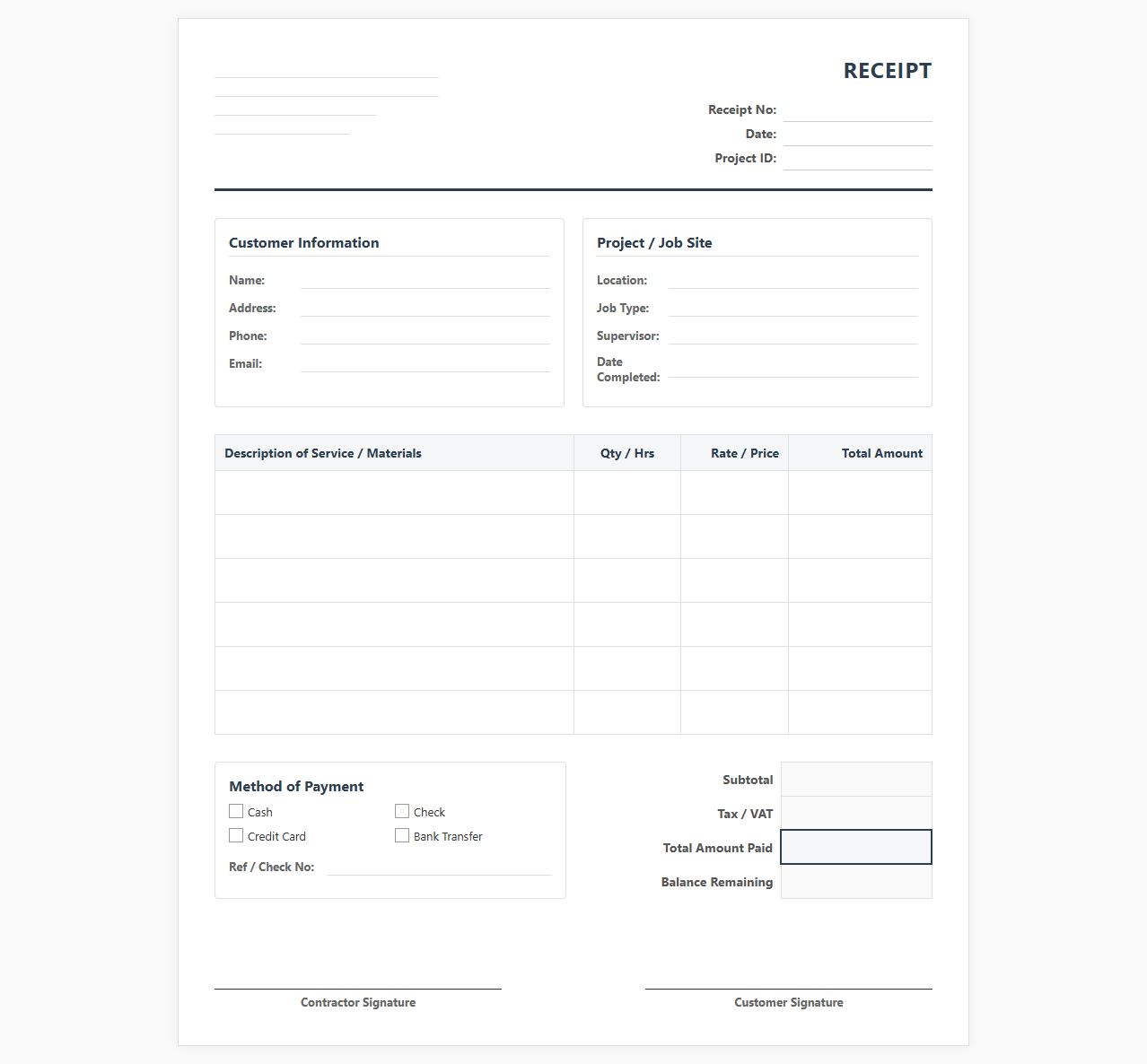 Home Improvement Service Receipt Template