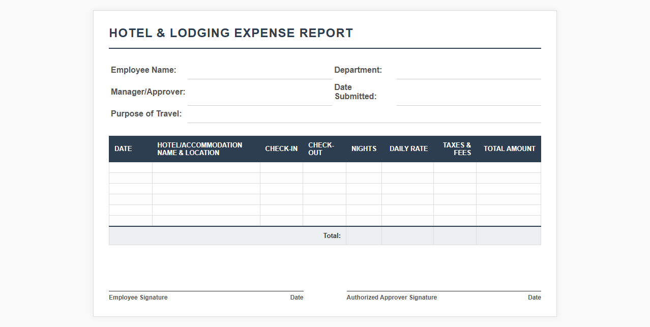 Hotel and Lodging Expense Report Template