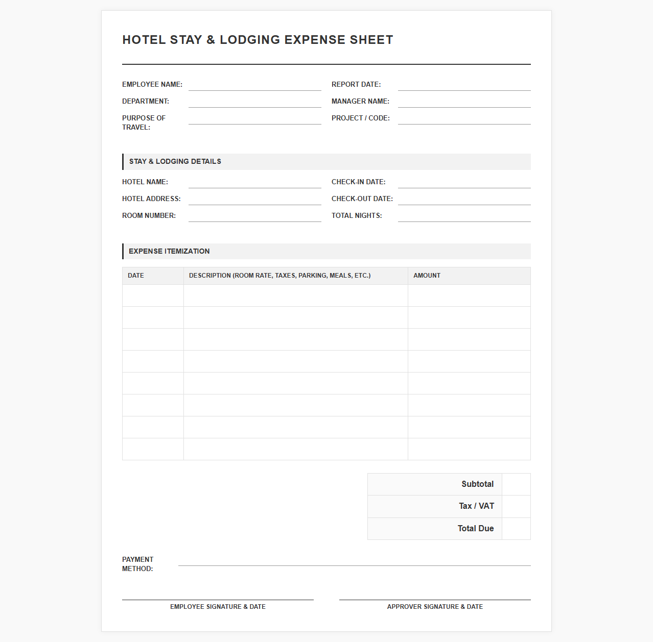 Hotel Stay and Lodging Expense Sheet