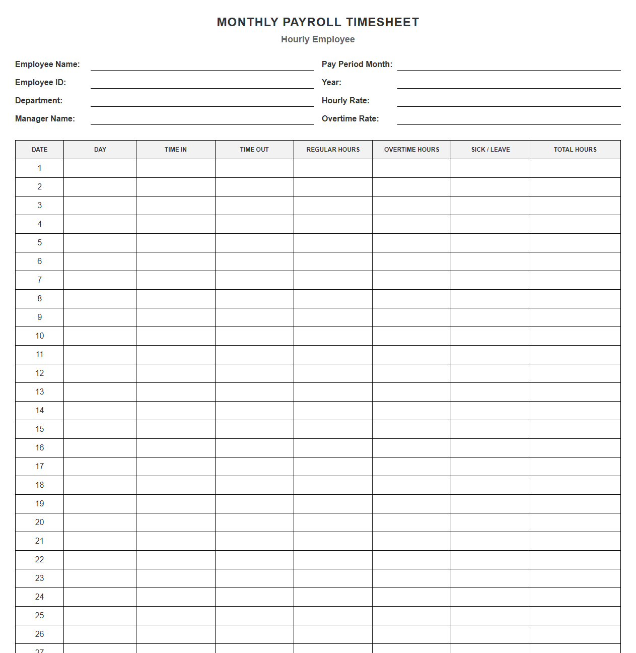 Hourly Employee Monthly Payroll Timesheet Template