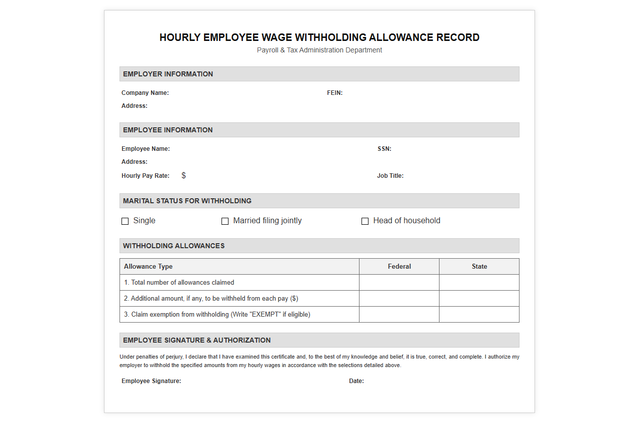 Hourly Employee Wage Withholding Allowance Record