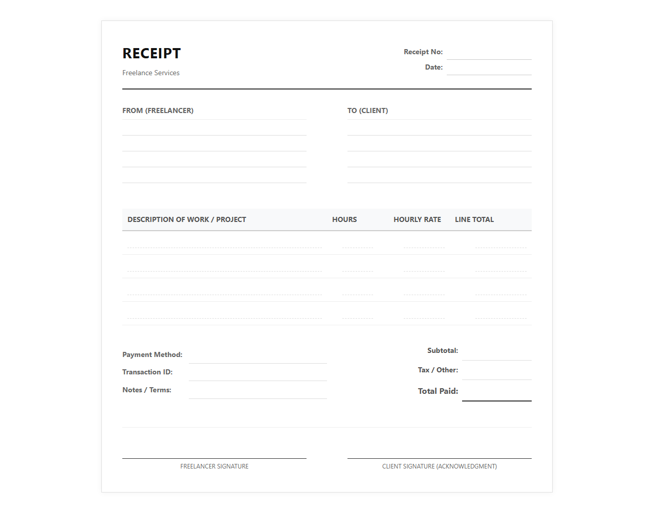 Hourly Freelance Work Payment Receipt Template