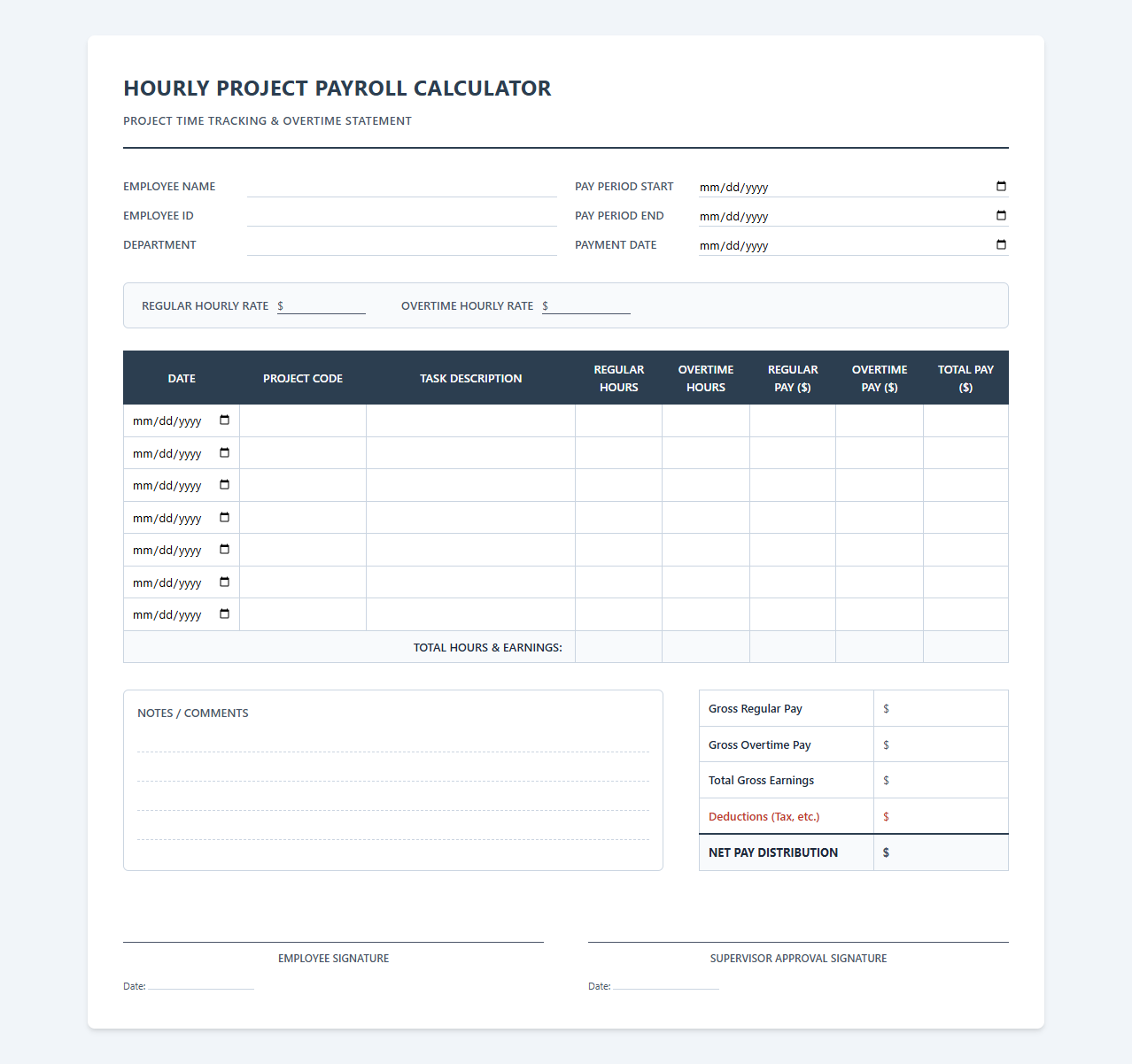 Hourly Project Payroll Calculator with Overtime Tracking