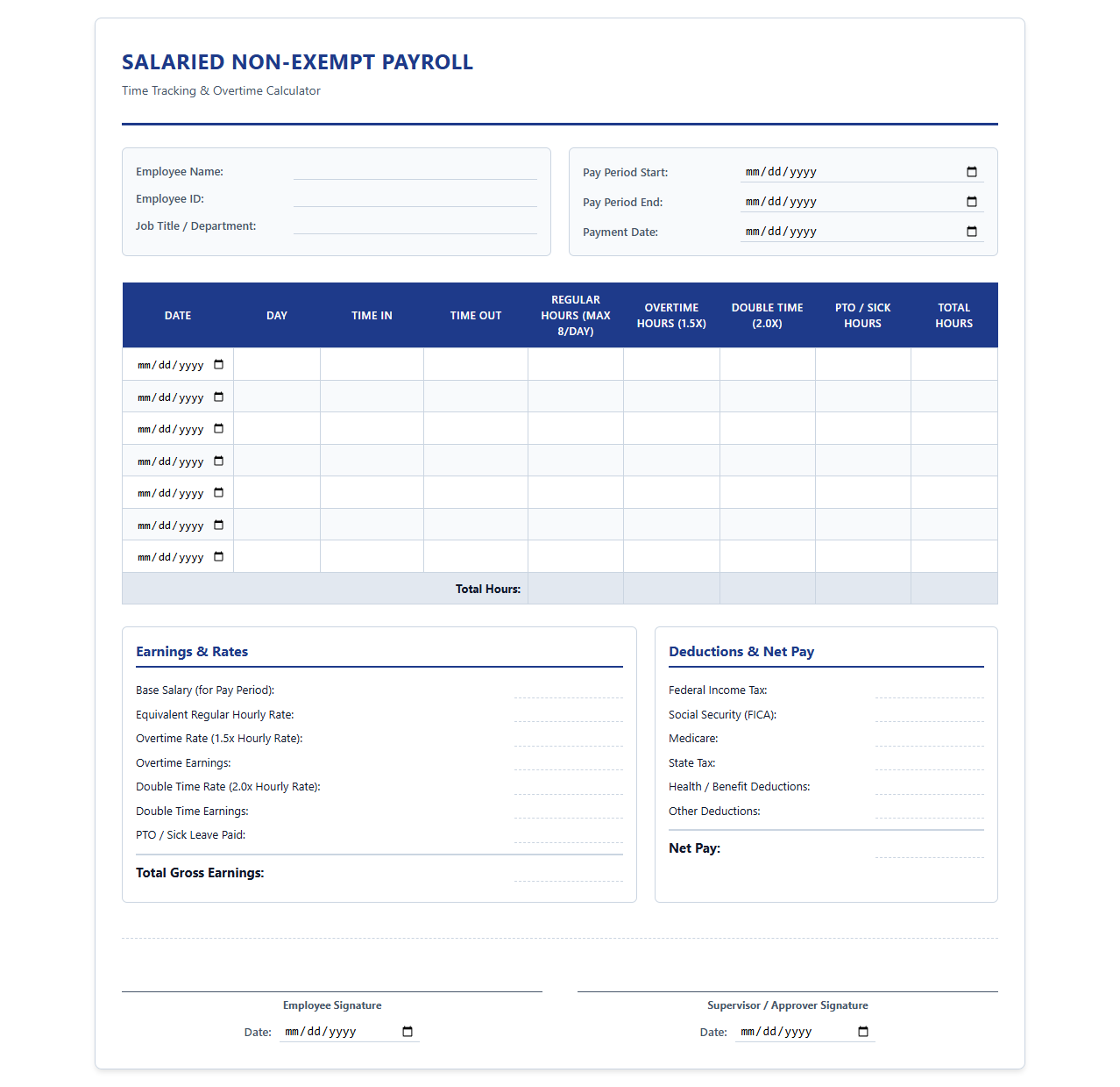 Hourly Salaried Non-Exempt Payroll Calculator Template