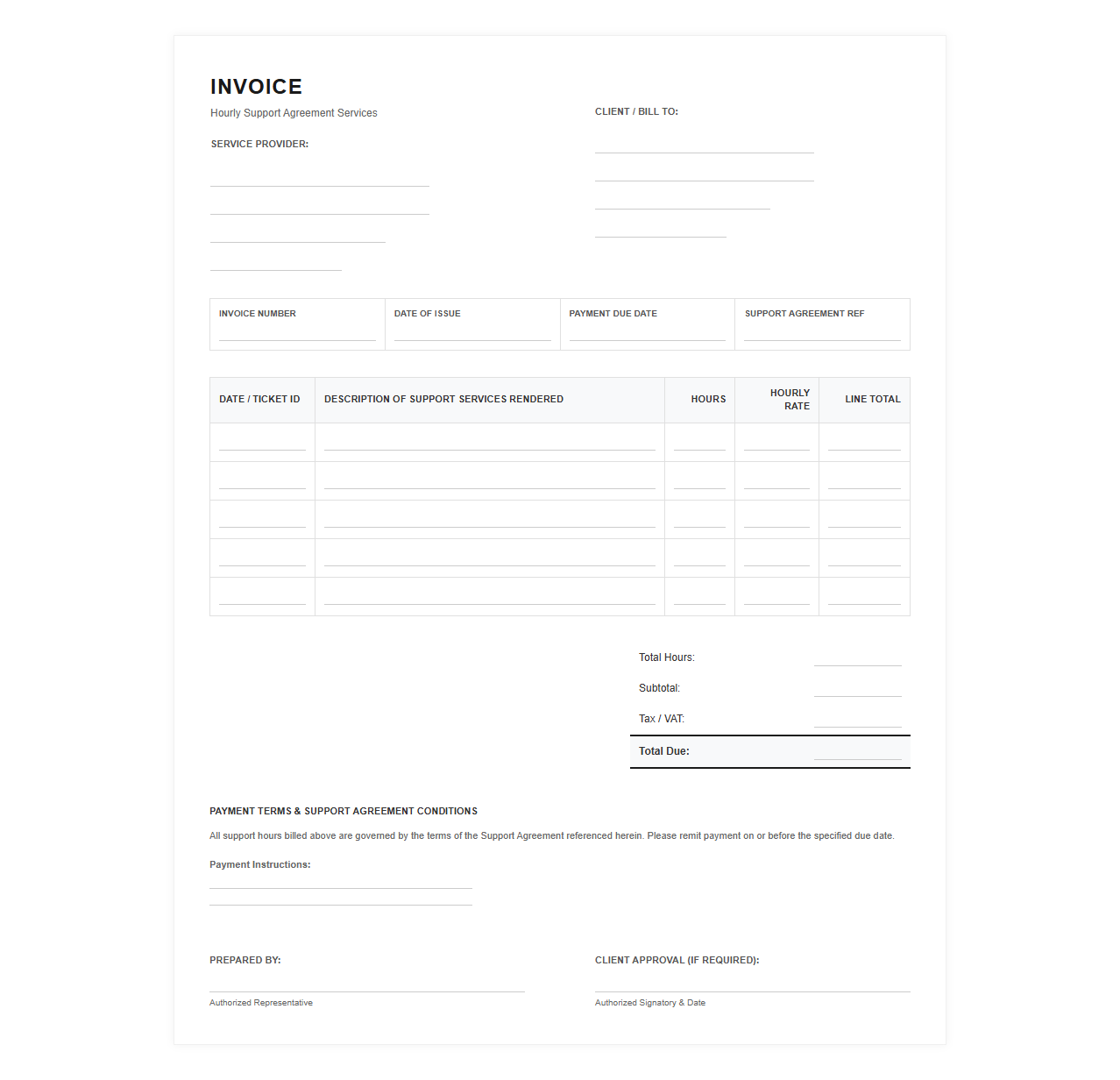 Hourly Support Agreement Invoice Template