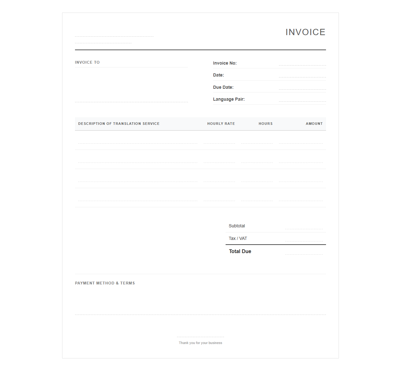 Hourly Translation Work Invoice Template