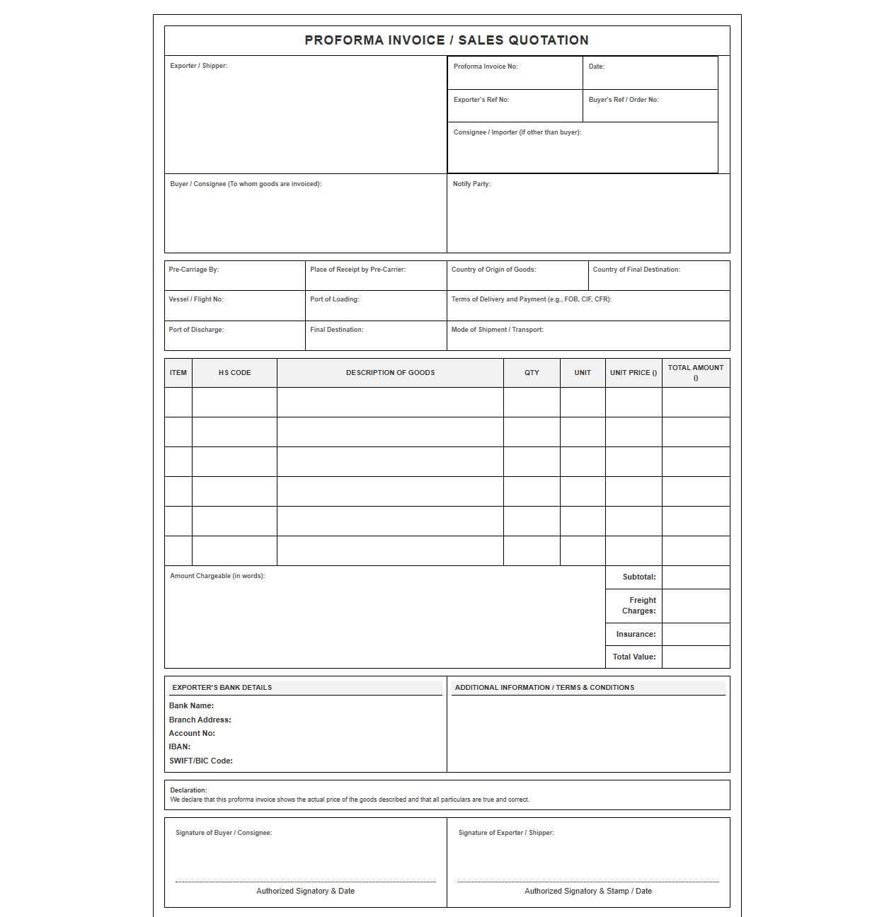 Import Export Proforma Invoice and Quotation