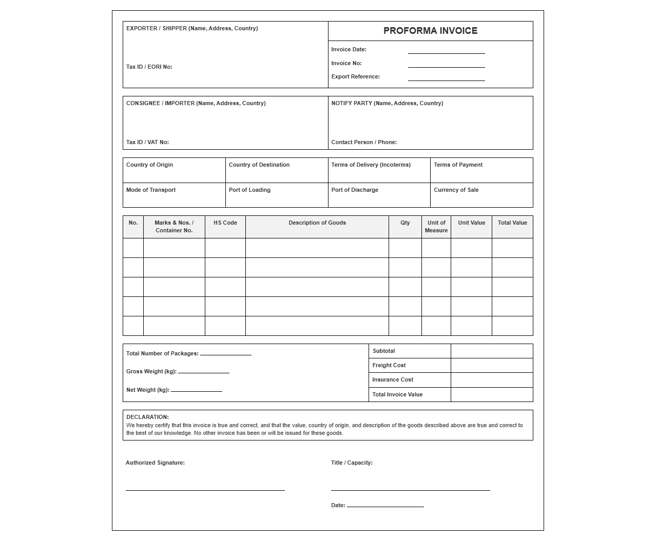 Import Export Proforma Invoice Template