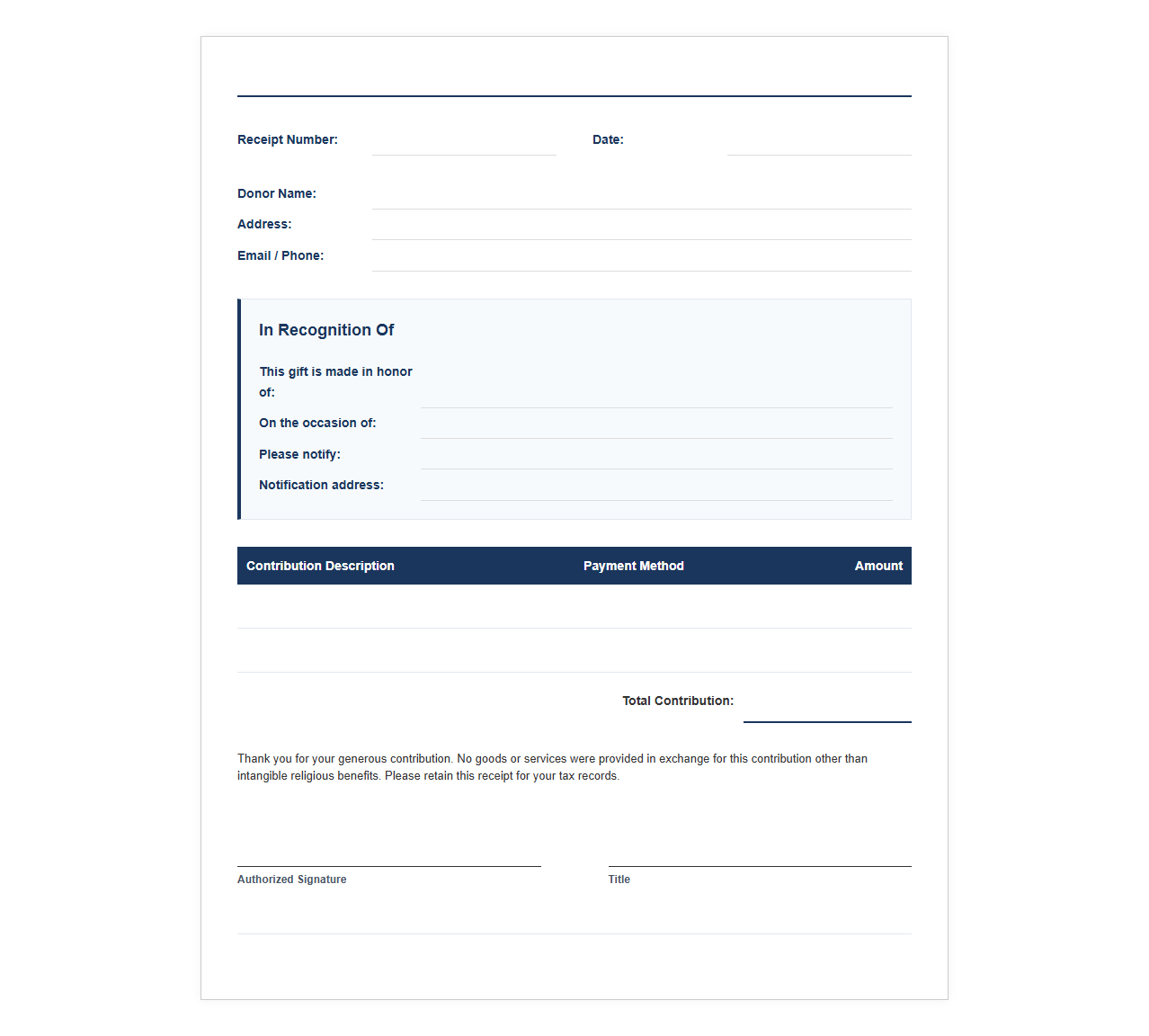 In Recognition Donation Receipt Template