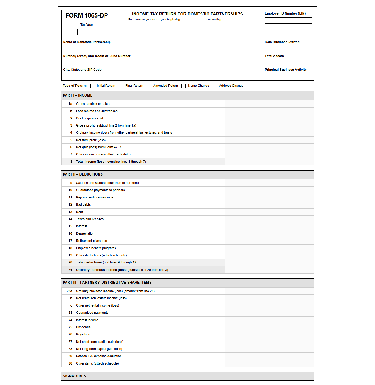 Income Tax Return Template for Domestic Partnerships