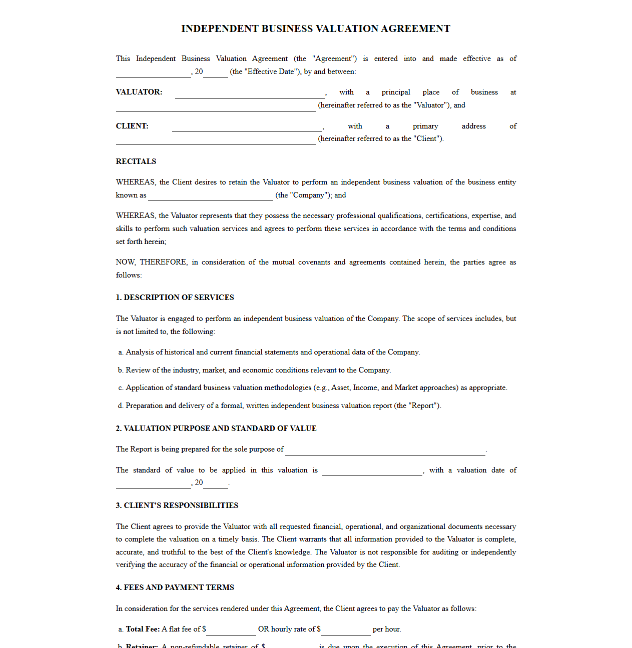 Independent Business Valuation Agreement Template