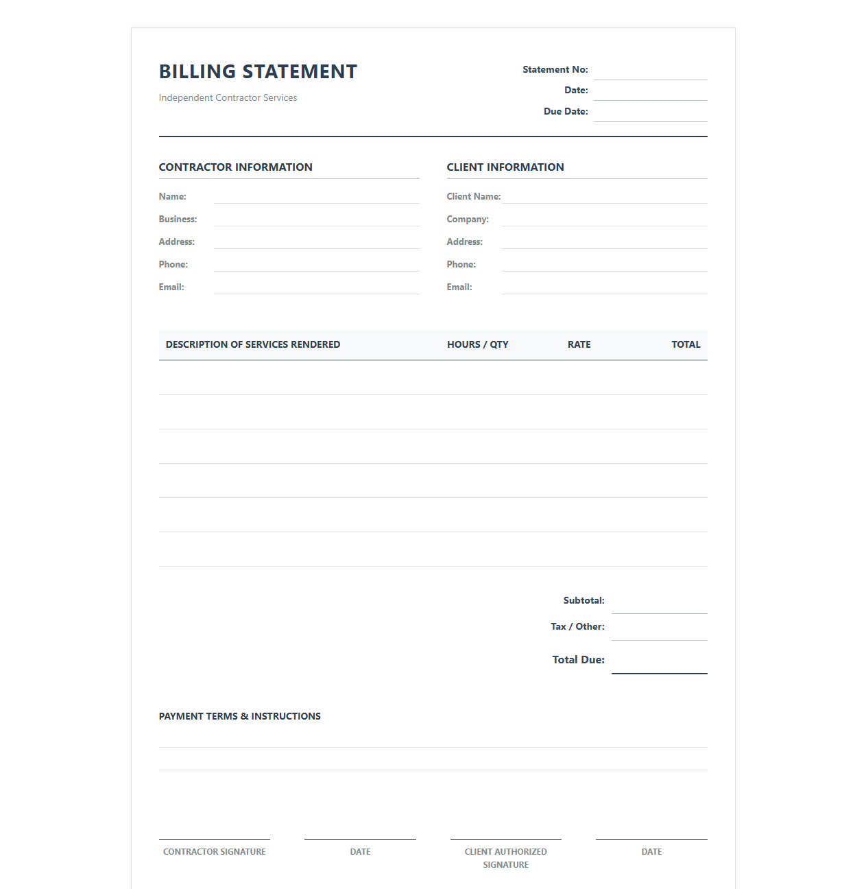 Independent Contractor Billing Statement Template
