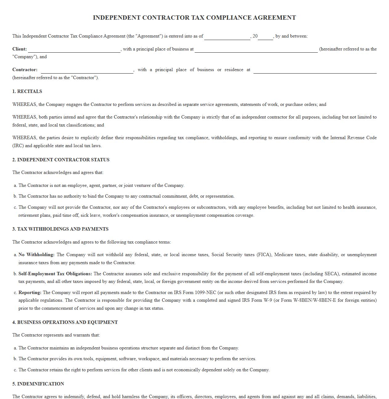 Independent Contractor Tax Compliance Agreement Document