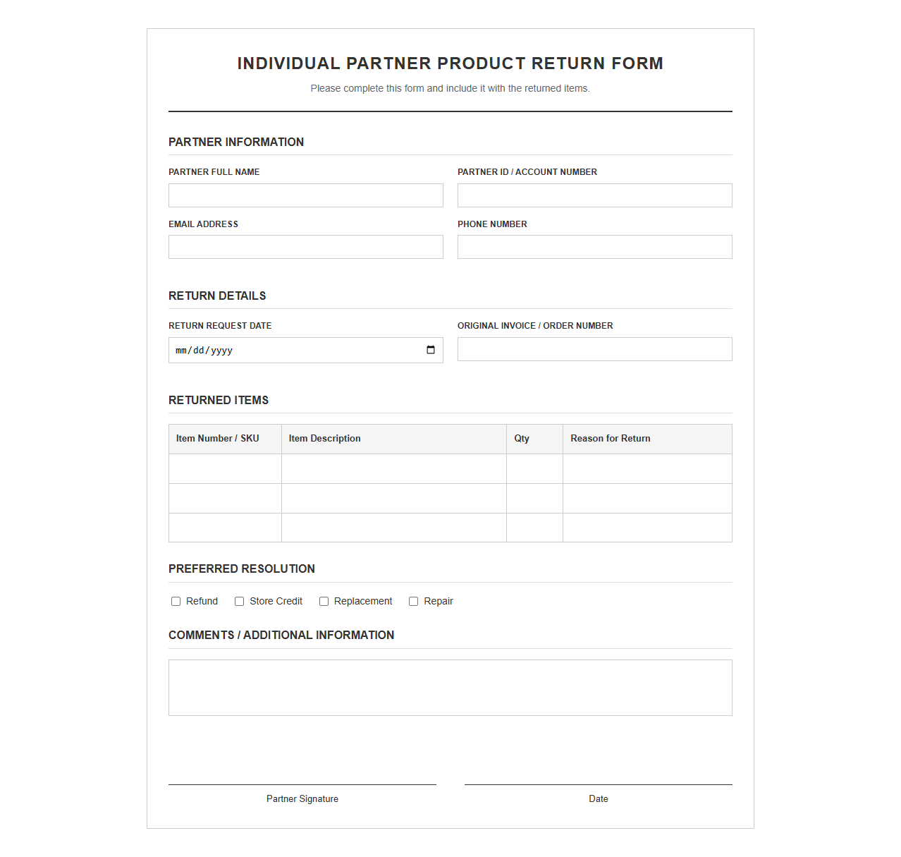Individual Partner Product Return Form