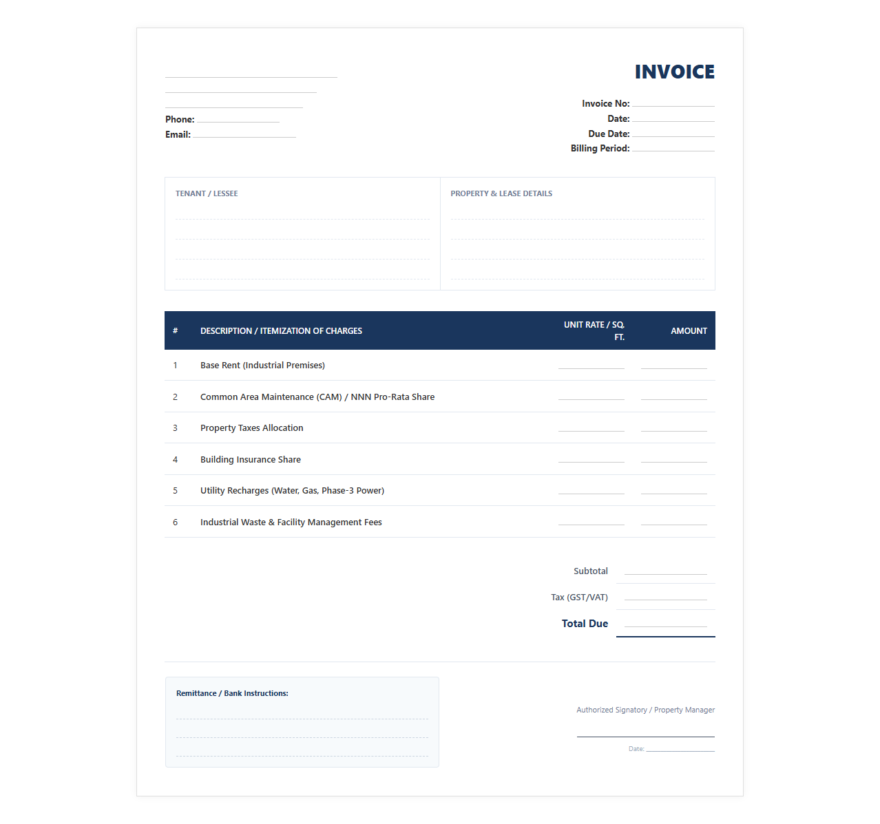 Industrial Property Rental Invoice Format