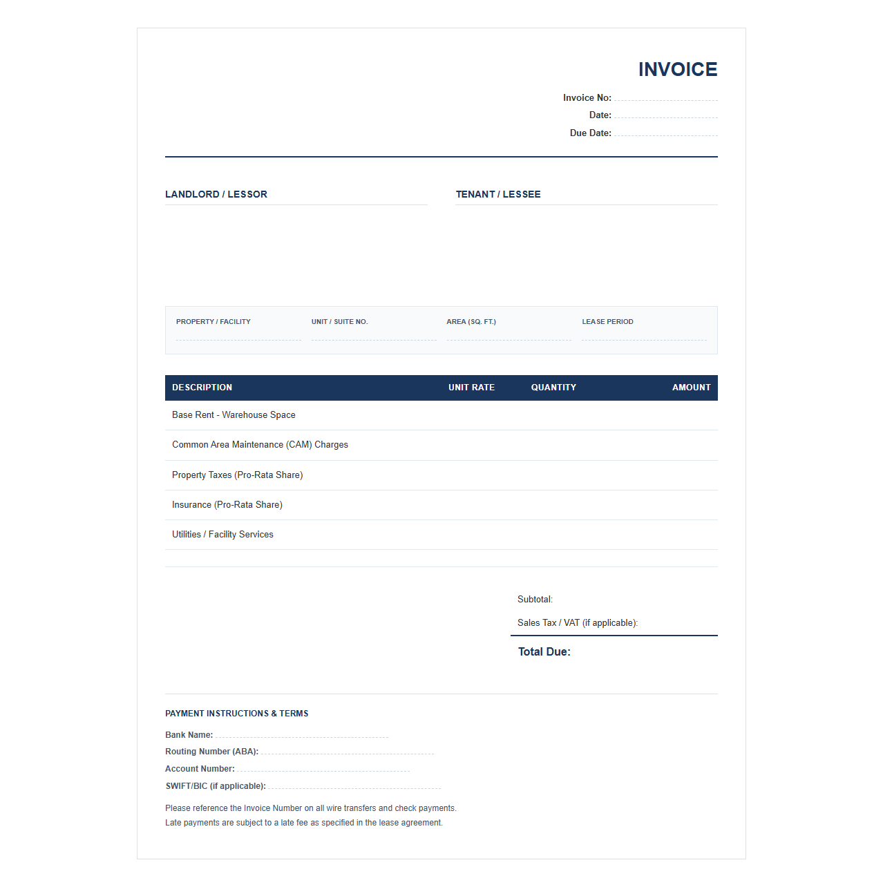 Industrial Warehouse Lease Invoice Template