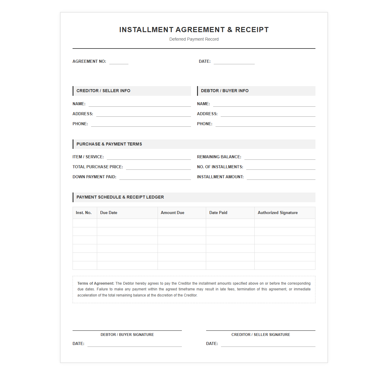 Installment Agreement and Payment Receipt Template