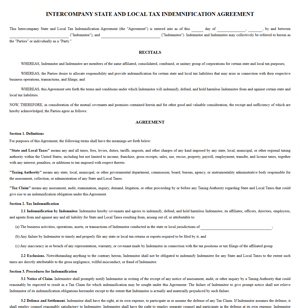 Intercompany State and Local Tax Indemnification Agreement