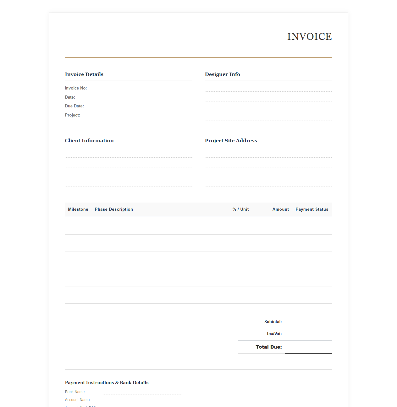 Interior Design Milestone Payment Invoice Template
