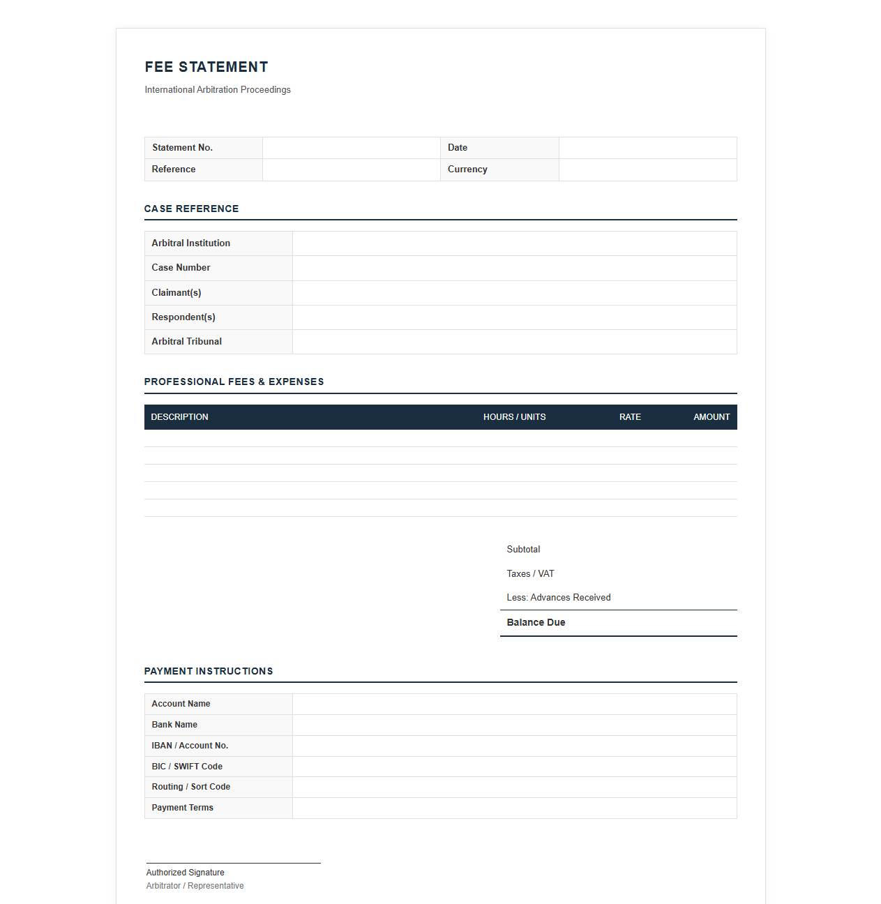 International Arbitration Fee Statement Template