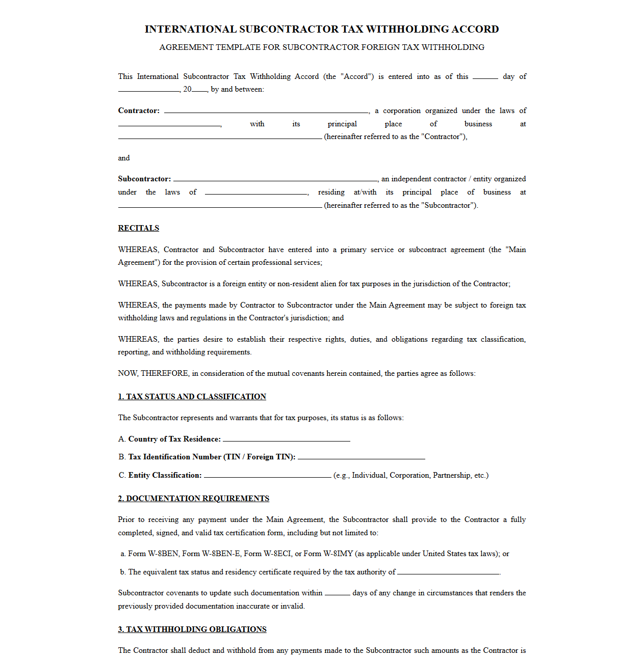 International Subcontractor Tax Withholding Accord