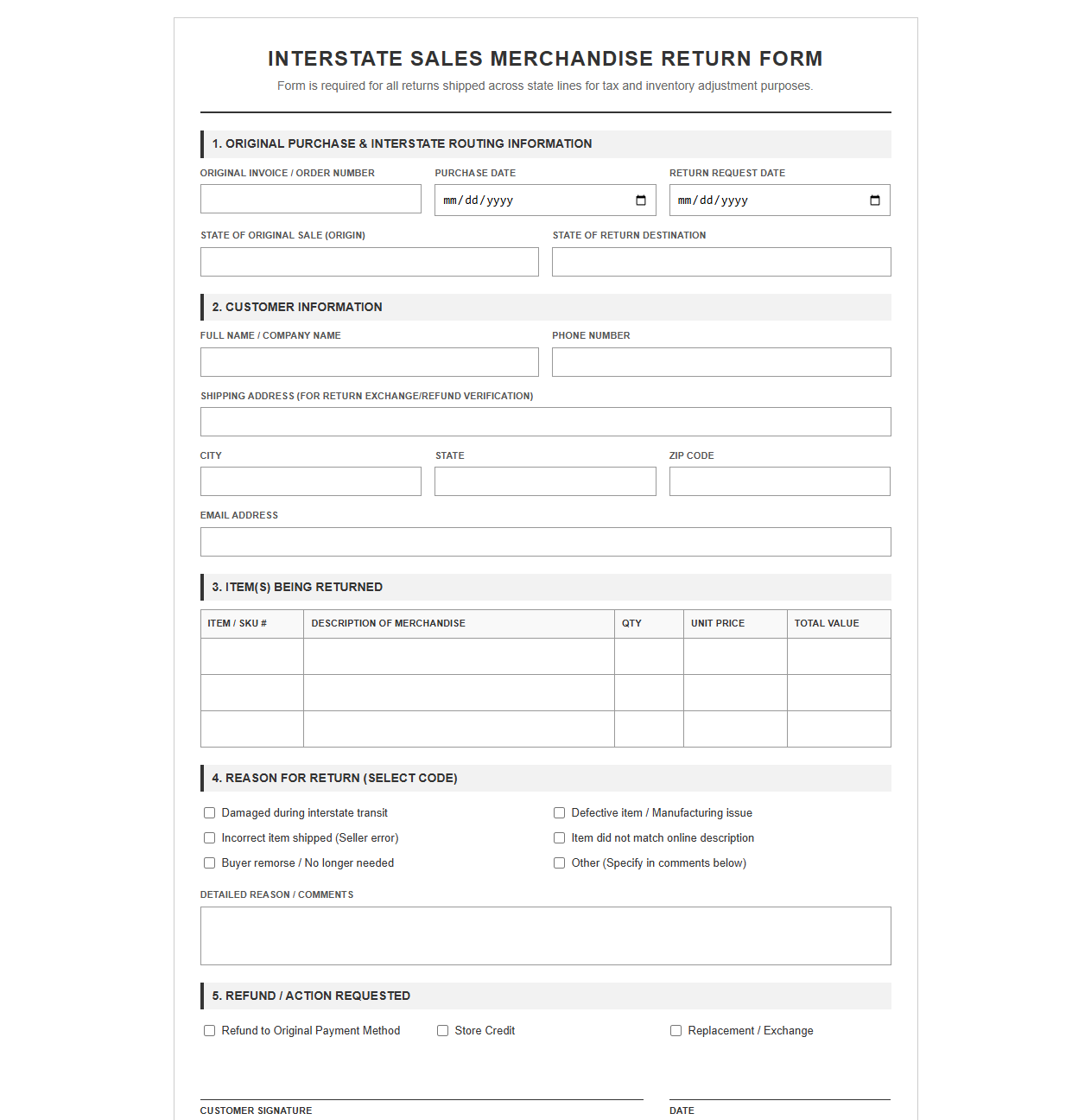 Interstate Sales Merchandise Return Form