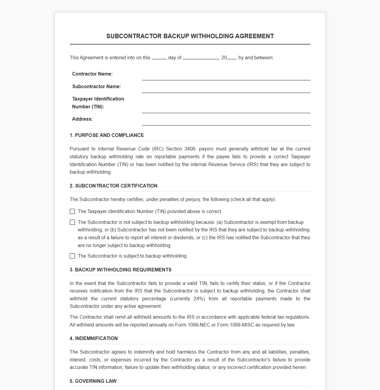IRS Backup Withholding Agreement for Subcontractors