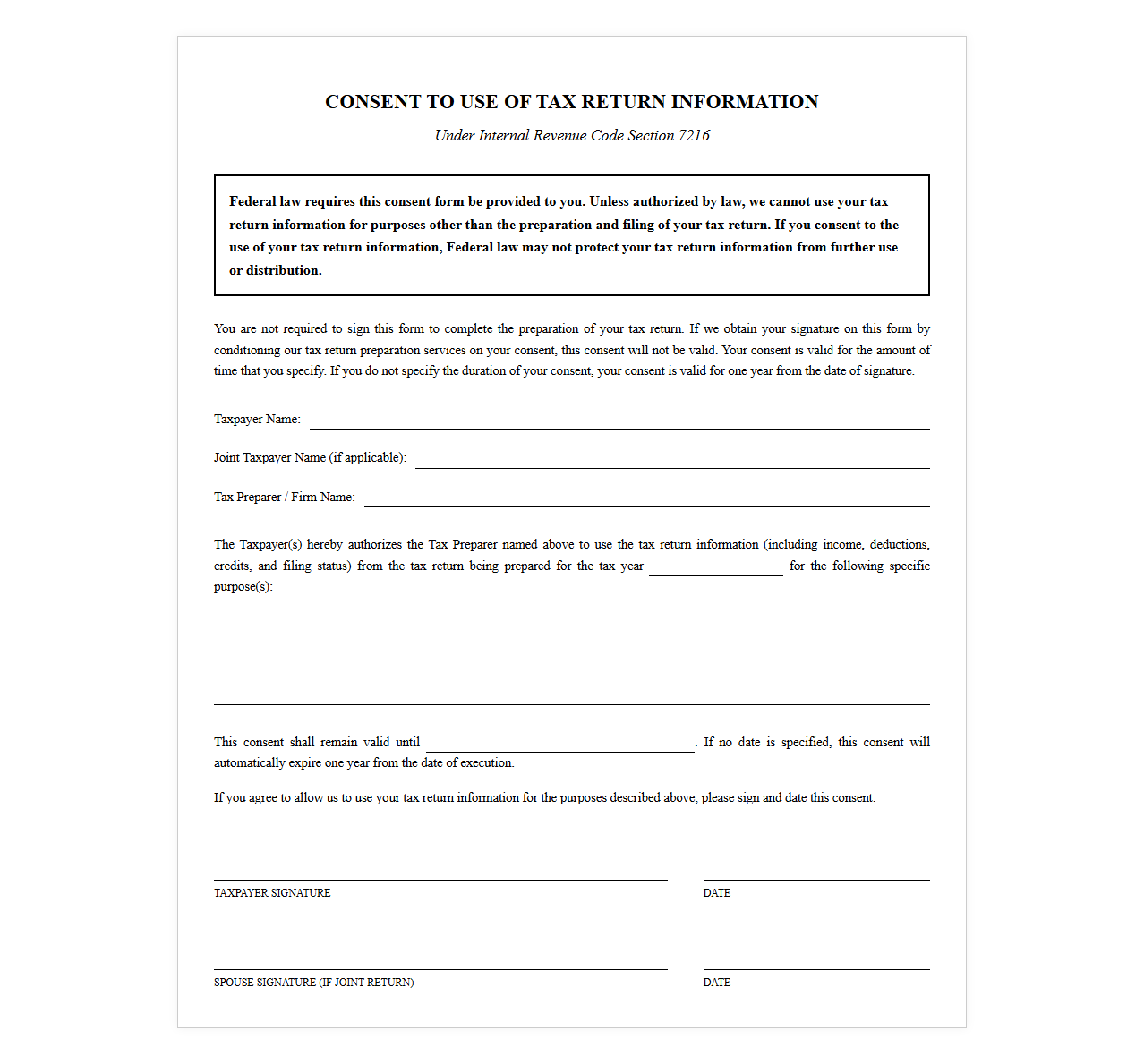 IRS Section 7216 Information Consent Agreement