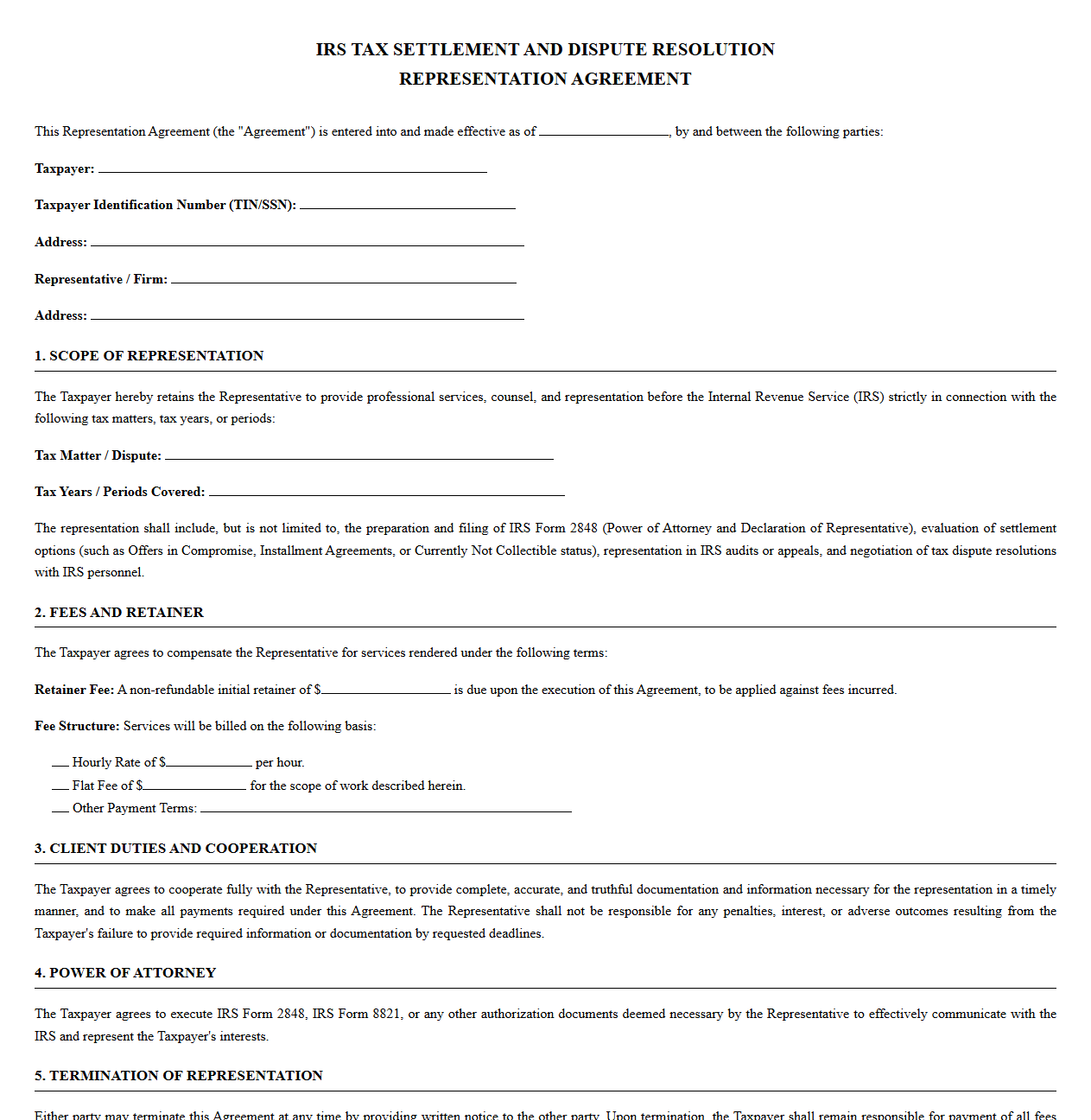 IRS Tax Settlement and Dispute Resolution Representation Agreement