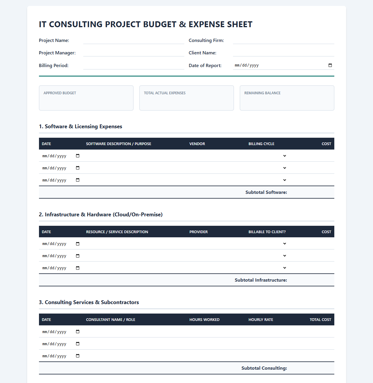 IT Consulting Project Budget and Expense Sheet