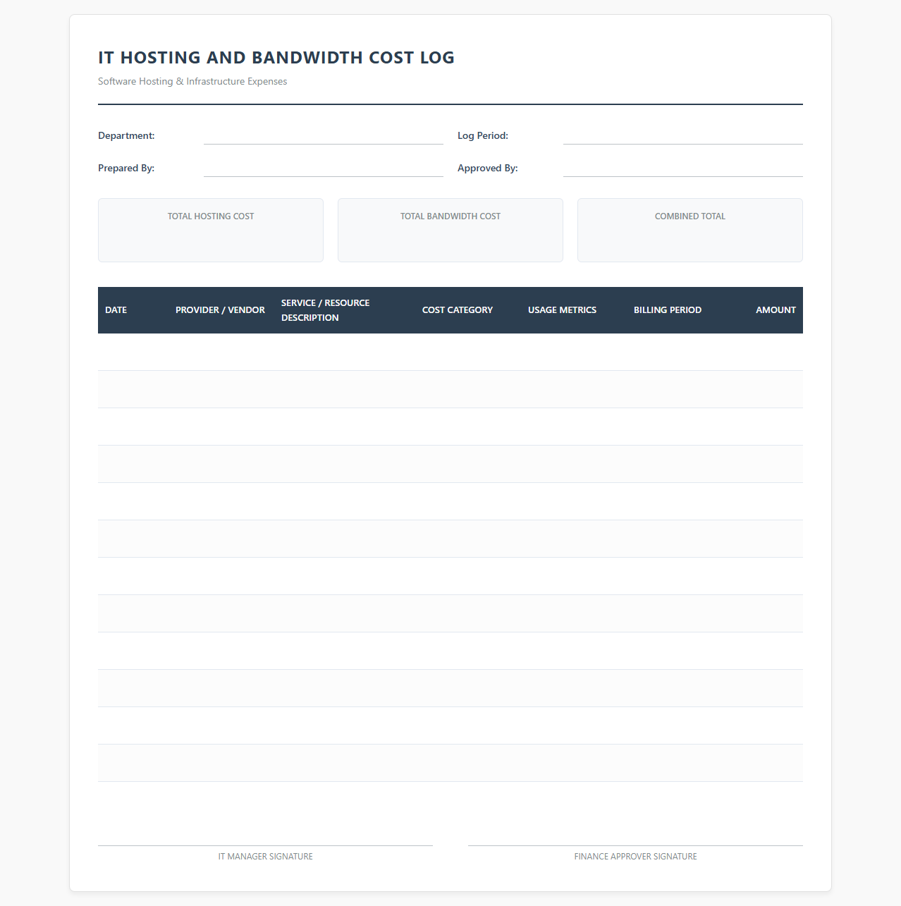 IT Hosting and Bandwidth Cost Log