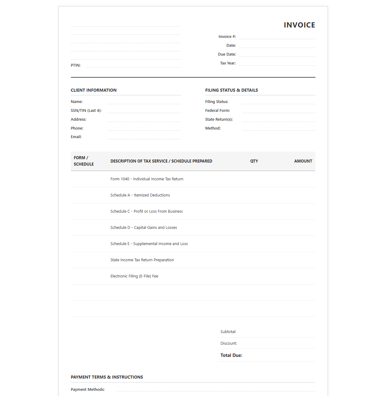 Itemized Income Tax Return Invoice Form