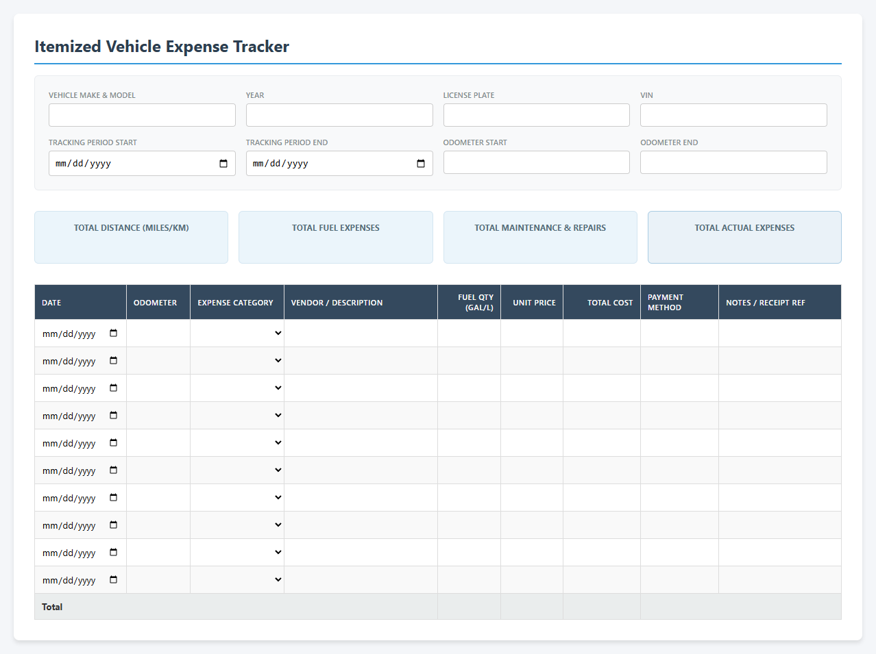 Itemized Vehicle Expense Tracker Spreadsheet