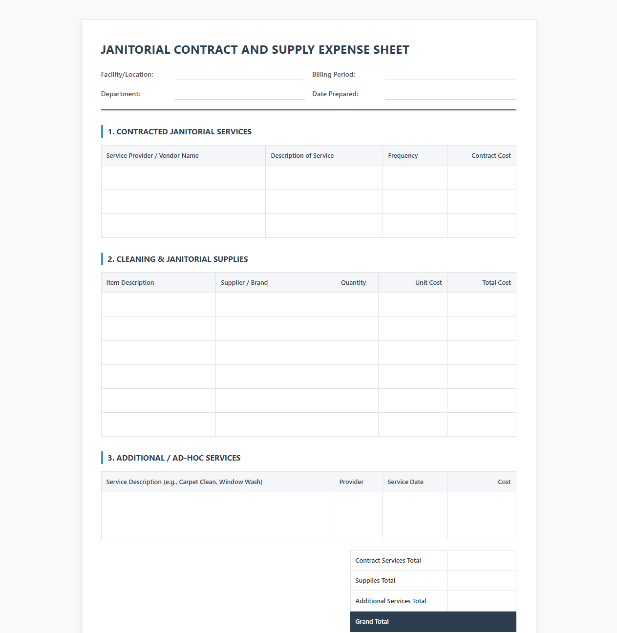 Janitorial Contract and Supply Expense Sheet