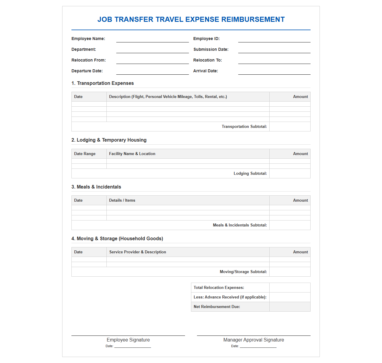Job Transfer Travel Expense Reimbursement Template