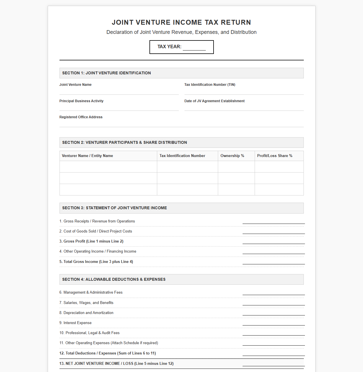 Joint Venture Income Tax Return Template