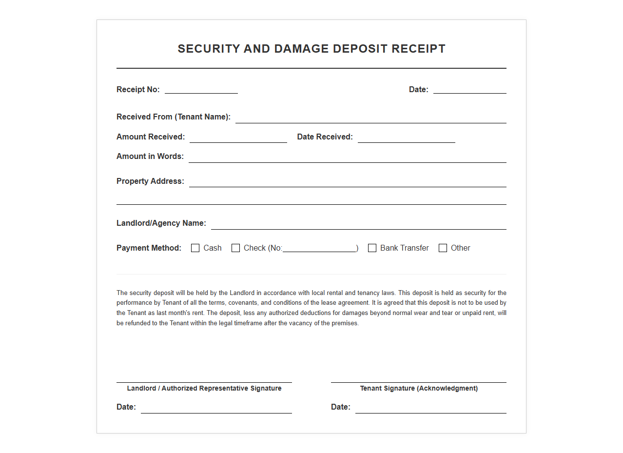Landlord Security and Damage Deposit Receipt