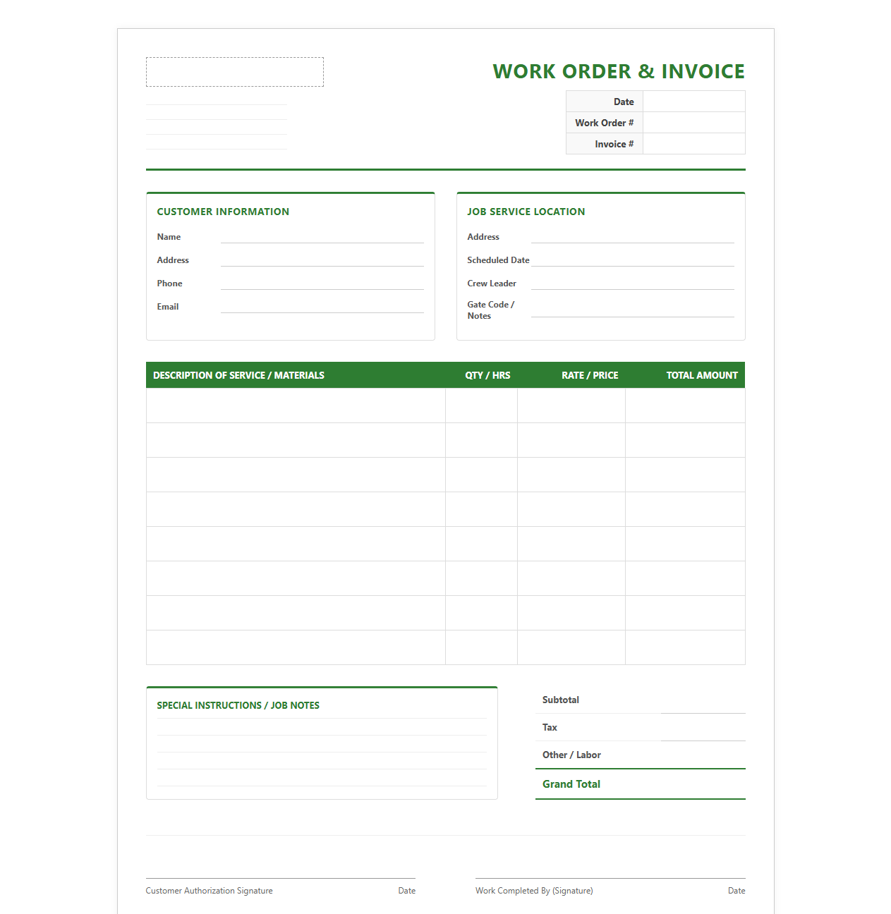 Landscaping Work Order and Invoice